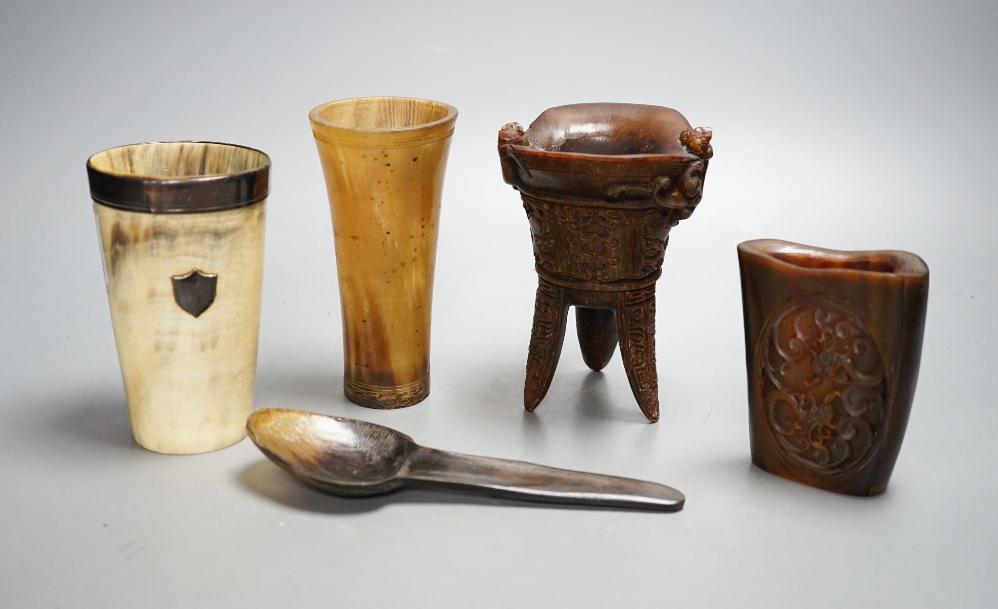 Two Chinese horn cups and three items of European horn